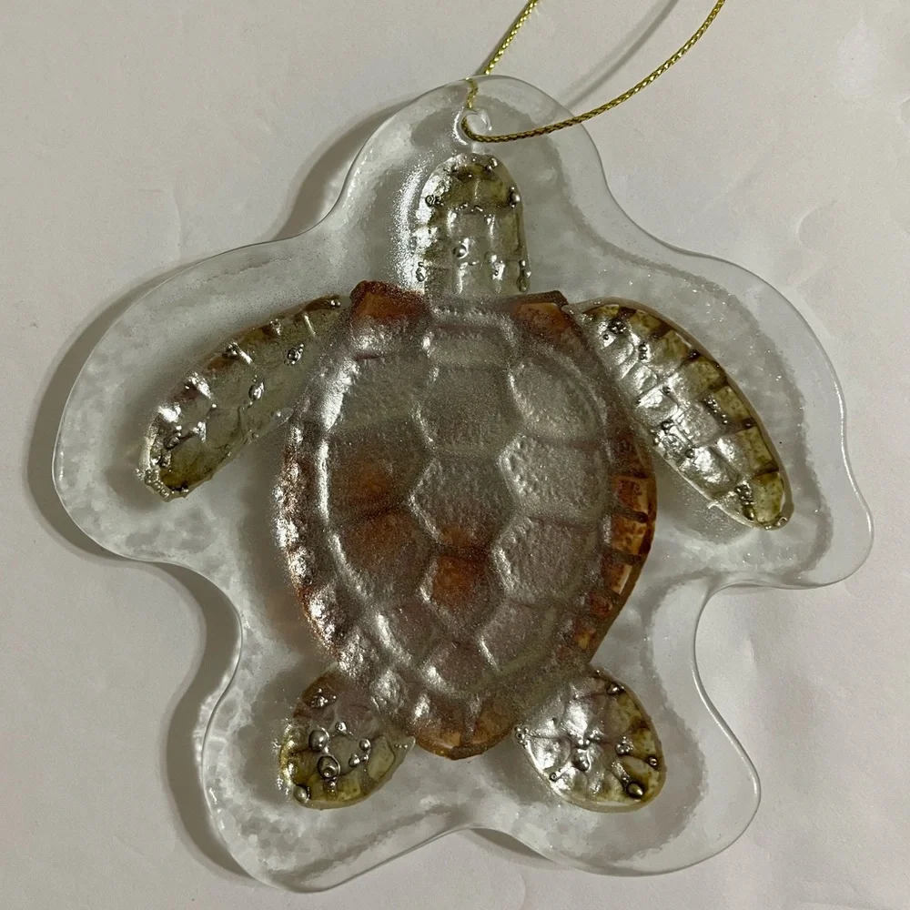Sea Turtle Clear Glass With Embossed Holiday Christmas Ornament